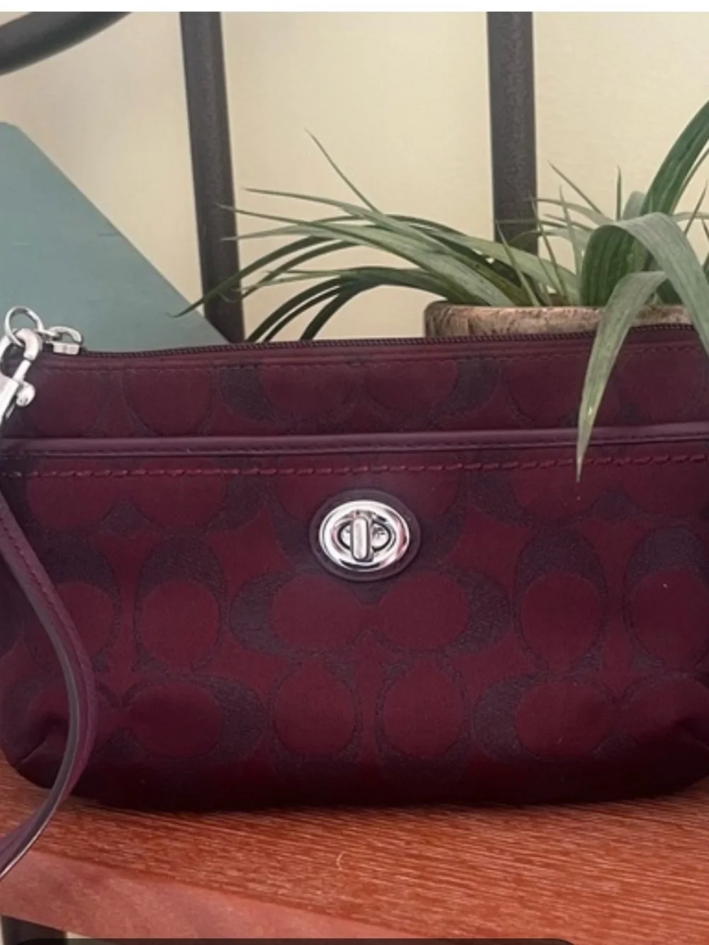 Coach Burgundy Metallic Sateen Turnlock Wristlet/Clutch Shimmer Jacquard Fabric